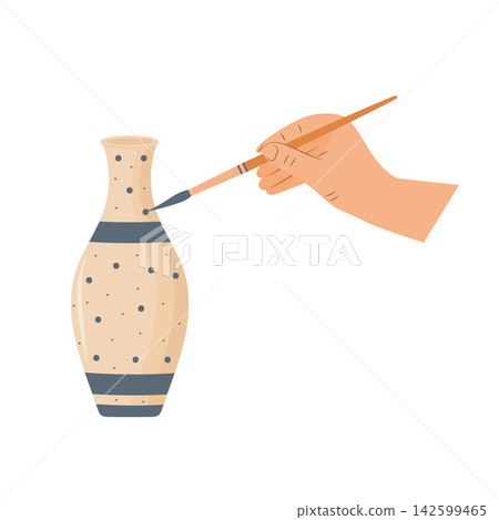 Painting ceramic vase vector illustration. Hand holding brush and decorating clay pot. Pottery workshop concept icon 142599465
