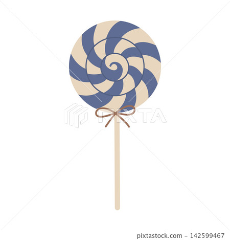 Sweet spiral lollipop with blue and beige stripes and a small bow. Flat vector illustration isolated on white background Sweet spiral lollipop with blue and beige stripes and a small bow. Flat vector illustration isolated on white background 142599467