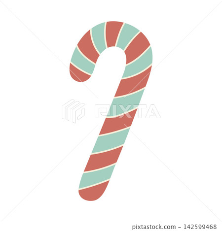 Traditional Christmas candy cane with red and green stripes. Flat vector illustration isolated on white background. Icon 142599468