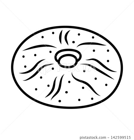 Hand-drawn vector illustration of a round flatbread or bagel with seeds. Simple black line art on white background Hand-drawn vector illustration of a round flatbread or bagel with seeds. Simple black line art on white background 142599515