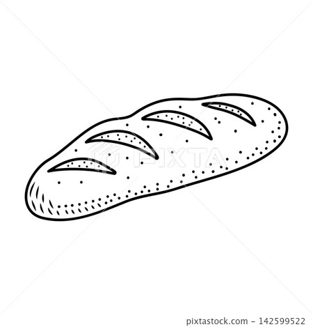 Hand-drawn vector illustration of a French baguette loaf. Simple black line art icon isolated on a white background Hand-drawn vector illustration of a French baguette loaf. Simple black line art icon isolated on a white background 142599522