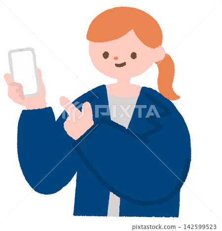 身穿西裝、手持智慧型手機的女性的插圖 身穿西裝、手持智慧型手機的女性的插圖 142599523