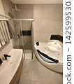 Bathroom Interior with Vanity Glass Shower Stall and Jacuzzi Tub in Minimalist Style 142599530