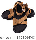 Stylish Brown Suede Summer Sandals isolated on white background, Comfortable Flat Platform Strappy Shoes 142599543