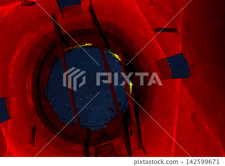 View of the starry sky through opening of the water tower. Stars in the sky. View of the starry sky through opening of the water tower. Stars in the sky. 142599671