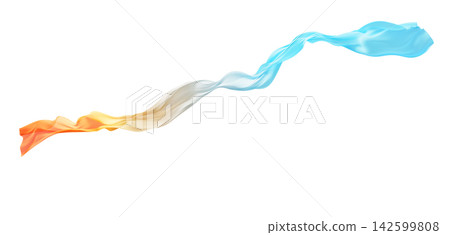 Abstract flowing sheer fabric with orange and blue ombre color gradient waving cloth isolated on white background summer tropical concept design element 3D render Abstract flowing sheer fabric with orange and blue ombre color gradient waving cloth isolated on white background summer tropical concept design element 3D render 142599808