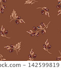 Botanical brown pattern featuring scattered hand-drawn stems, lush foliage with berries gems dark background. 142599819
