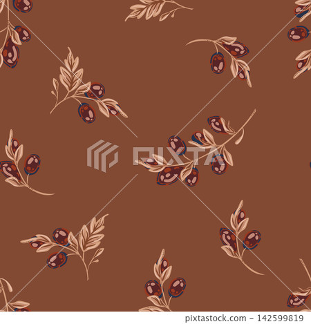 Botanical brown pattern featuring scattered hand-drawn stems, lush foliage with berries gems dark background. Botanical brown pattern featuring scattered hand-drawn stems, lush foliage with berries gems dark background. 142599819