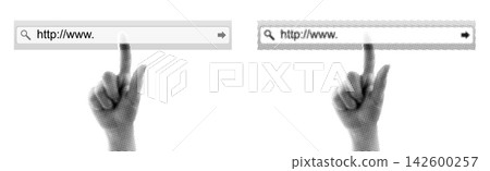 Set of Hand pressing a virtual browser address bar isolated on transparent background with vintage newspaper print texture. Concept of internet navigation, website search and online technology Set of Hand pressing a virtual browser address bar isolated on transparent background with vintage newspaper print texture. Concept of internet navigation, website search and online technology 142600257