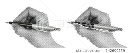 Set of Hand holding a business pen like writing, isolated on transparent background with vintage newspaper print texture. Concept of business communication, signing documents and retro print style Set of Hand holding a business pen like writing, isolated on transparent background with vintage newspaper print texture. Concept of business communication, signing documents and retro print style 142600259