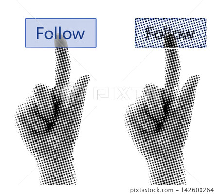 Set of Hand pressing a virtual Follow button isolated on transparent background with vintage newspaper texture. Concept of social media engagement, subscription and online communication Set of Hand pressing a virtual Follow button isolated on transparent background with vintage newspaper texture. Concept of social media engagement, subscription and online communication 142600264