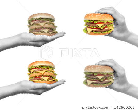 Set of Hand holding a big burger isolated on transparent background with vintage newspaper print texture. Concept of fast food, street food, eating and retro print media style Set of Hand holding a big burger isolated on transparent background with vintage newspaper print texture. Concept of fast food, street food, eating and retro print media style 142600265