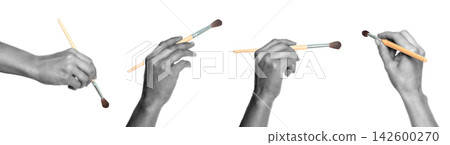 Set of Hand holding a paintbrush like drawing, isolated on transparent background with vintage newspaper print texture. Concept of art, creativity and retro print media style Set of Hand holding a paintbrush like drawing, isolated on transparent background with vintage newspaper print texture. Concept of art, creativity and retro print media style 142600270