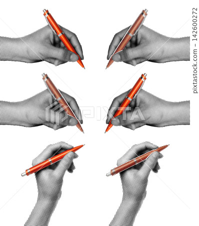 Set of Hand holding orange business pen like writing, isolated on transparent background with vintage newspaper texture. Concept of business communication, signing documents and retro print style Set of Hand holding orange business pen like writing, isolated on transparent background with vintage newspaper texture. Concept of business communication, signing documents and retro print style 142600272