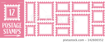 Pink postage stamp frames with grunge texture and scalloped edges. Blank templates in square and rectangular shapes. Pink postage stamp frames with grunge texture and scalloped edges. Blank templates in square and rectangular shapes. 142600352