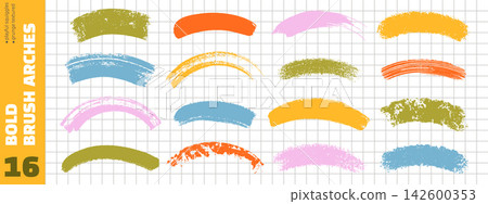 Brush arc strokes set. Playful curved arches with grunge texture. Hand drawn brushstroke elements. Bold thick lines. 142600353