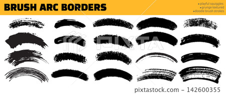 Playful brush arc borders with grunge texture. Doodle style strokes. Bold black curved lines. Playful brush arc borders with grunge texture. Doodle style strokes. Bold black curved lines. 142600355