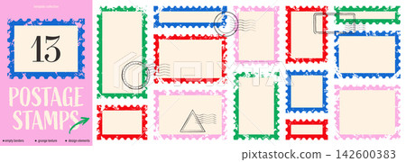 Grunge postage stamp frames. Scalloped borders. Distressed empty templates with hand drawn postmark stamps. Grunge postage stamp frames. Scalloped borders. Distressed empty templates with hand drawn postmark stamps. 142600383