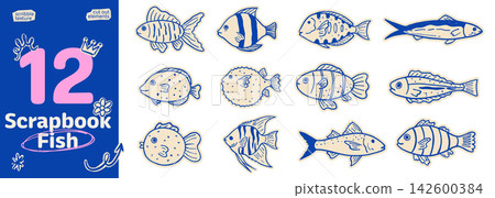Scrapbook fish set. Cut out sea creatures in hand drawn crayon style with scribble texture. 142600384