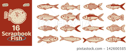 Set of scrapbook fish. Hand drawn kids elements with playful crayon texture. Set of scrapbook fish. Hand drawn kids elements with playful crayon texture. 142600385