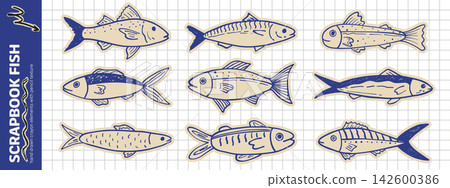 Scrapbook doodle fish set. Hand drawn sea creature in playful kid style. Scrapbook doodle fish set. Hand drawn sea creature in playful kid style. 142600386