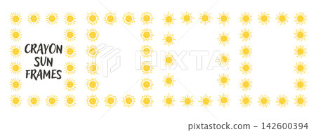 Hand drawn doodle sun frame collection. Rectangular borders with crayon texture for children photos, baby cards. Hand drawn doodle sun frame collection. Rectangular borders with crayon texture for children photos, baby cards. 142600394