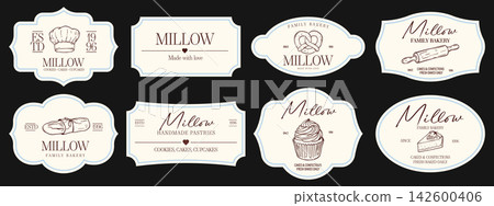 Bakery labels set. Decorative badges. Ornate frames. Elegant tags for packaging design. Bakery labels set. Decorative badges. Ornate frames. Elegant tags for packaging design. 142600406