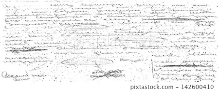 Illegible manuscript with looping cursive scribbles and edit marks. Grunge script paper overlay. Illegible manuscript with looping cursive scribbles and edit marks. Grunge script paper overlay. 142600410