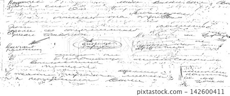 Illegible manuscript with cursive loops, circled edits and underlines. Antique script overlay template. Illegible manuscript with cursive loops, circled edits and underlines. Antique script overlay template. 142600411