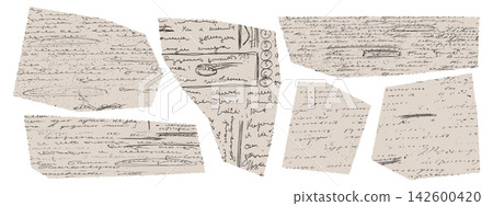 Collection of ragged manuscript fragments. Torn edges. Paper scraps for vintage archive or collage design. Collection of ragged manuscript fragments. Torn edges. Paper scraps for vintage archive or collage design. 142600420
