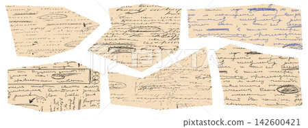 Torn manuscript fragments. Grunge pieces with handwritten unreadable text. Antique paper scraps for archival scrapbook or historical design. Torn manuscript fragments. Grunge pieces with handwritten unreadable text. Antique paper scraps for archival scrapbook or historical design. 142600421