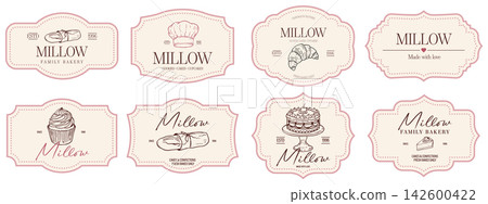 Bakery labels with dotted pink decorative frame borders. Hand drawn croissant, chef hat and cupcake in sketch style. Elegant tags for packaging design. Bakery labels with dotted pink decorative frame borders. Hand drawn croissant, chef hat and cupcake in sketch style. Elegant tags for packaging design. 142600422