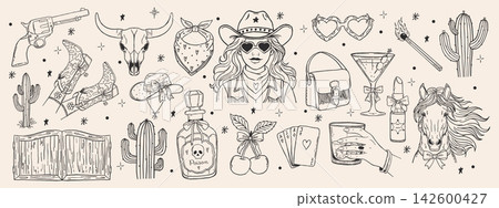 Whimsical cowgirl doodle set with hand drawn western girl, horse, boots revolver, bull skull, poison bottle, martini and playing cards. Coquette retro style. Girly rodeo aesthetic. Whimsical cowgirl doodle set with hand drawn western girl, horse, boots revolver, bull skull, poison bottle, martini and playing cards. Coquette retro style. Girly rodeo aesthetic. 142600427