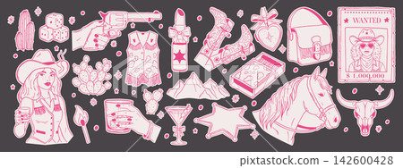 Pink cowgirl sticker set. Hand drawn western girl, horse and revolver. Whimsical coquette elements. Retro girly rodeo aesthetic for bachelorette party design. Pink cowgirl sticker set. Hand drawn western girl, horse and revolver. Whimsical coquette elements. Retro girly rodeo aesthetic for bachelorette party design. 142600428