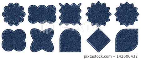 Denim texture badge set with dashed white stitch outlines. Jeans fabric labels in flower, star, diamond and clover shapes. Denim texture badge set with dashed white stitch outlines. Jeans fabric labels in flower, star, diamond and clover shapes. 142600432