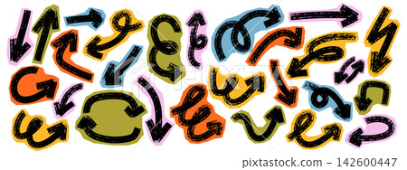 Scrapbook bold marker arrow set. Thick hand drawn doodle strokes. Rough grunge cutout edges and scribble elements in vintage collage style. Playful direction pointers. 142600447