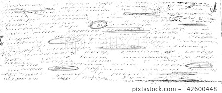Chaotic manuscript with tangled loops, circled words and lines. Illegible cursive marks. Antique script overlay template. Chaotic manuscript with tangled loops, circled words and lines. Illegible cursive marks. Antique script overlay template. 142600448