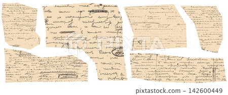 Torn manuscript fragments. Cursive handwriting pieces. Vintage paper scraps for scrapbook or historical collage design. Torn manuscript fragments. Cursive handwriting pieces. Vintage paper scraps for scrapbook or historical collage design. 142600449
