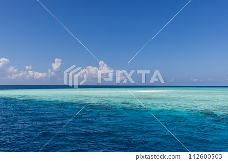 Tranquil deep blue tropical ocean calm turquoise shallows soft clouds bright sky wide reef seascape horizon. Perfect summer travel vacation ocean holiday. Exotic getaway paradise sunny coast 142600503