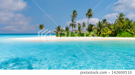 Gorgeous lush palm island powdery white shore vivid azure lagoon blue sky wispy clouds tropical paradise. Perfect summer travel vacation island holiday. Exotic honeymoon getaway relax coast Gorgeous lush palm island powdery white shore vivid azure lagoon blue sky wispy clouds tropical paradise. Perfect summer travel vacation island holiday. Exotic honeymoon getaway relax coast 142600510