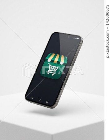 Smartphone with an online shopping application icon on the screen 142600675