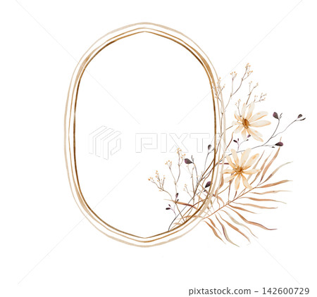 Hand-painted watercolor illustrations oval frame with gold border adorned by pale yellow daisy flowers, dried beige palm leaf, dark berry pods and wispy stems on white isolated background. For card Hand-painted watercolor illustrations oval frame with gold border adorned by pale yellow daisy flowers, dried beige palm leaf, dark berry pods and wispy stems on white isolated background. For card 142600729