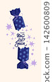 Elegant Happy New Year lettering on a Party Cracker with festive stars and sparks against soft pastel background. Trendy Winter Holidays iIllustration good for greeting cards, banners poster design. 142600809