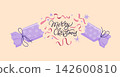 Elegant Merry Christmas lettering on a Party Cracker with festive stars and sparks and serpentine. Modern Trendy Christmas Illustration good for greeting cards, invitation and banners design. 142600810