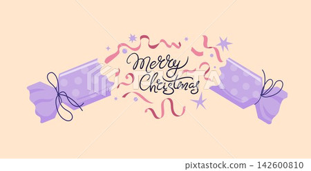 Elegant Merry Christmas lettering on a Party Cracker with festive stars and sparks and serpentine. Modern Trendy Christmas Illustration good for greeting cards, invitation and banners design. Elegant Merry Christmas lettering on a Party Cracker with festive stars and sparks and serpentine. Modern Trendy Christmas Illustration good for greeting cards, invitation and banners design. 142600810
