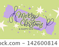 Elegant Merry Christmas lettering on a Christmas Cracker with festive stars and sparks against soft pastel green background. Modern Trendy Christmas Illustration good for greeting cards, banners. 142600814