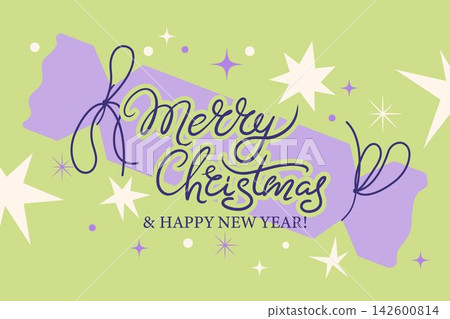 Elegant Merry Christmas lettering on a Christmas Cracker with festive stars and sparks against soft pastel green background. Modern Trendy Christmas Illustration good for greeting cards, banners. Elegant Merry Christmas lettering on a Christmas Cracker with festive stars and sparks against soft pastel green background. Modern Trendy Christmas Illustration good for greeting cards, banners. 142600814
