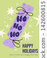 Playful HO HO HO lettering on a Christmas Cracker with festive stars and sparks against soft pastel green background. Modern Trendy Christmas Illustration good for greeting cards, banners poster. 142600815