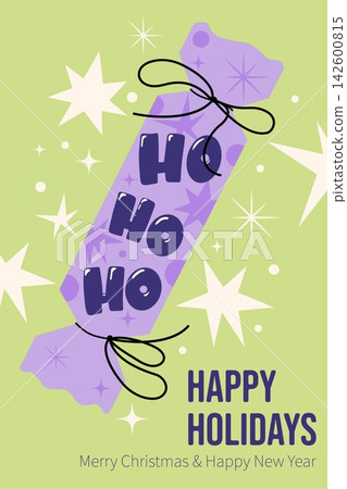 Playful HO HO HO lettering on a Christmas Cracker with festive stars and sparks against soft pastel green background. Modern Trendy Christmas Illustration good for greeting cards, banners poster. Playful HO HO HO lettering on a Christmas Cracker with festive stars and sparks against soft pastel green background. Modern Trendy Christmas Illustration good for greeting cards, banners poster. 142600815