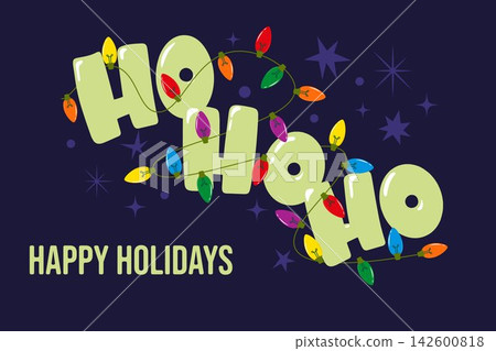 Ho Ho Ho hand drawn lettering. Colorful Christmas lights wrapped around playful HO HO HO on a dark festive background. Fun seasonal design for Christmas cards, posters, banners promotions. Ho Ho Ho hand drawn lettering. Colorful Christmas lights wrapped around playful HO HO HO on a dark festive background. Fun seasonal design for Christmas cards, posters, banners promotions. 142600818